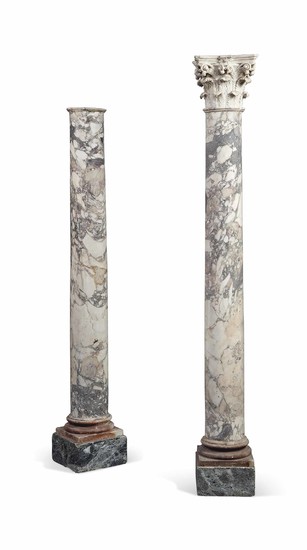 A PAIR OF ITALIAN VIOLET BRECCIA MARBLE COLUMNS, 17TH/18TH CENTURY, THE CAPITAL PROBABLY 17TH CENTURY