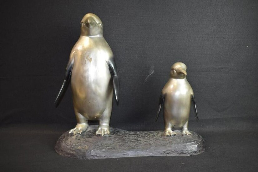 24 inch L Contemporary Bronze Mother and baby Penguin