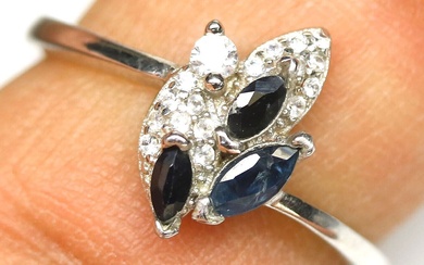 28$---Heated Blue Sapphire & Cubic Zirconia Ring 925 Sterling Silver...
