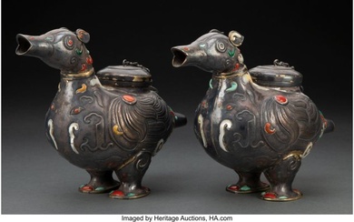 28107: A Pair of Chinese Metal Duck-Form Incense Burner