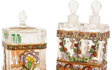 (3 Pc) Antique French Enamel Champleve & Glass Vanity Dresser Set