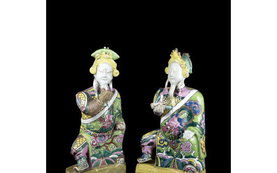 A pair of armed warrior in biscuit decorated with polychrome enamels (restorations) China, Qing dynasty, Kangxi period (1662-1722) (h. 22...
