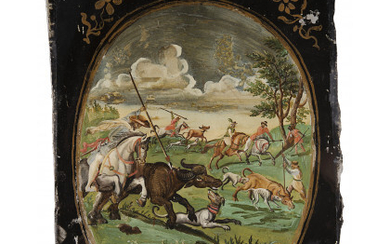 18th-century Indo-Portuguese school "Buffalo hunting scene" verre peint (cm 25,5x20) Framed
