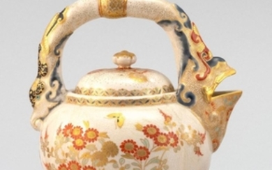 SATSUMA POTTERY TEAPOT In four-lobed form. With chicken's-head spout and floral decoration. Height 6.5".