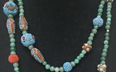 46" STRAND OF JADE, CORAL & TURQUOISE BEADS