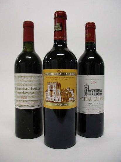 5 bouteilles 1 bt : CHÂTEAU DUCRU BEAUCAILLOU 2004 2è GC Saint Julien 2 bts : CHÂTEAU HAUT BAILLY 1988 CC Pessac Léognan (dont 1...