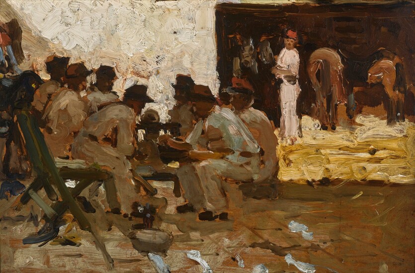 STABLE BOY WITH FEZ, SOLDIERS SEATED, MOROCCO, Arthur Melville, A.R.S.A., R.S.W. A.R.S.