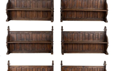6 identical 'Church Benches' sculptured oak, Gothic Revival. (L:46 x W:164 x H:100 cm)