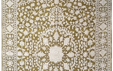 6 x 9 Olive Green Ivory Wool & Silk Tabriz Rug
