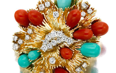 A coral, turquoise and diamond brooch,, Tiffany and Co., circa 1970
