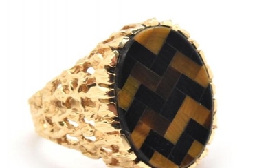 14k Yellow Gold, Tigers Eye & Onyx Inlay Ring Size 9.5