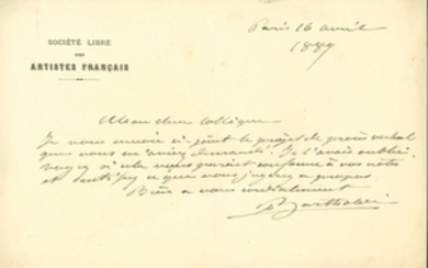Auguste BARTHOLDI. L.A.S., Paris 16 avril 1889, à …