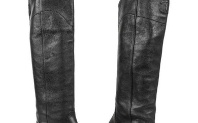 Chanel Boot Black Textured Leather Flat Knee High CC