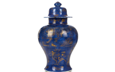 A CHINESE GILT-DECORATED POWDER BLUE VASE AND COVER....
