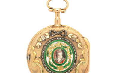 Dufour, Ceret & Cie, Ferney, France. A tri-colour gold key wind open face pocket watch with enamel portrait miniature