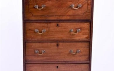 An early 20th century mahogany and inlaid travelling escritoire the drop opening to reveal a compartmentalised interior,...