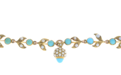 An early 20th century 14ct gold turquoise and split pearl foliate bracelet.