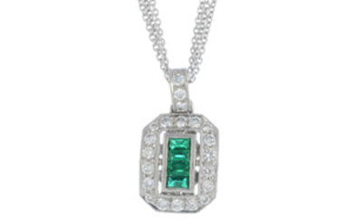 An emerald and diamond pendant, with chain. View more details