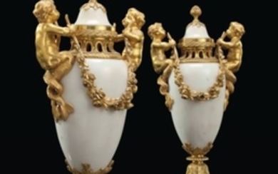 A PAIR OF FRENCH ORMOLU AND WHITE MARBLE VASES AND COVERS, BY MAISON MILLET, PARIS, CIRCA 1900
