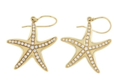 Pair of Gold and Diamond Starfish Pendant Earrings