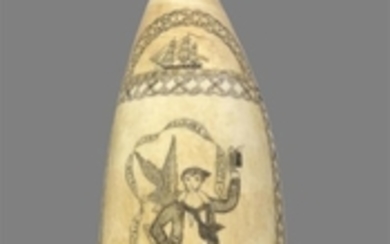 HISTORICALLY SIGNIFICANT POLYCHROME SCRIMSHAW WHALE'S TOOTH SIGNED BY WILLIAM A. GILPIN Subtlety signed "W A Gilpin" within a delica..