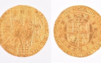 JAMES I, 1603-25. ROSE-RYAL OF 30 SHILLINGS Third coinage, 1619-25, mm. lis. Obv: The King enthroned facing, holding sceptre...
