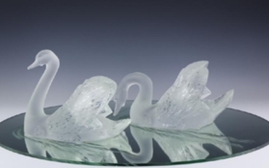 Lalique Crystal Art Glass PR Swans w Mirror SIGNED