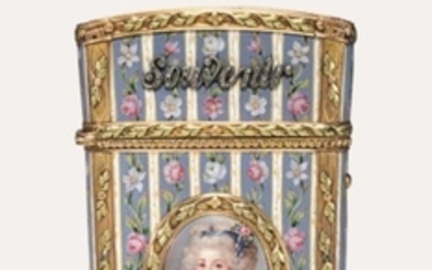 A LOUIS XVI-STYLE JEWELLED ENAMELLED VARI-COLOUR GOLD CARNET-DE-BAL, CONTINENTAL, CIRCA 1830, STRUCK WITH MARKS RESEMBLING THE PARISIAN CHARGE MARK OF ELOY BRICHARD AND A DATE LETTER FOR 1756
