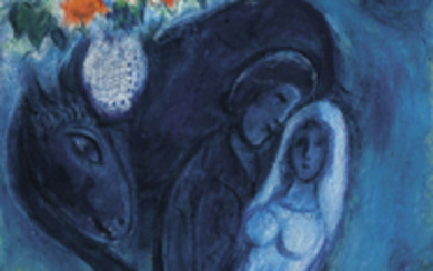 Marc Chagall (1887-1985), Fleurs au-dessus des fiancés bleus or Les amoureux bleus
