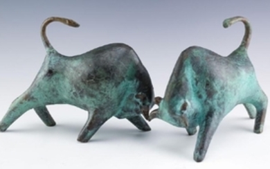PAIR Mid Century Modern Verdigri Bronze Bull Sculptures