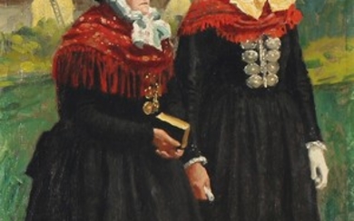 Paul Fischer: Two women in Amager costume from Tårnby Parish. Signed Paul Fischer. Oil on canvas laid on panel. 50.5×28.5 cm.