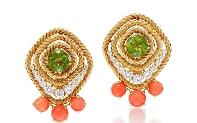 PAIR OF PERIDOT, CORAL AND DIAMOND EAR CLIPS | CHAUMET, 1960S
