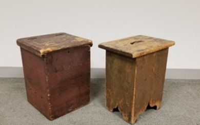Red-painted Pine Box and a Stool with Cutout Feet and Top