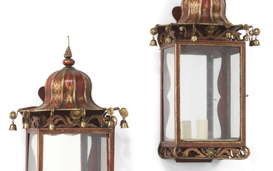 A PAIR OF REGENCY-STYLE RED AND GILT TOLE WALL-LANTERNS, EARLY 20TH CENTURY