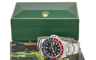 ROLEX. A FINE AND RARE STAINLESS STEEL DUAL TIME AUTOMATIC WRISTWATCH WITH SWEEP CENTRE SECONDS, DATE, BRACELET AND BOX, SIGNED ROLEX, OYSTER PERPETUAL DATE, GMT-MASTER, REF. 16700, CASE NO. E410513, CIRCA 1990