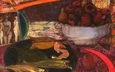 *Sir Robin Philipson RA RSA RSW (1916-1992) STILL LIFE WITH A PLATE OF FISH AND BOWL OF FRUIT ...