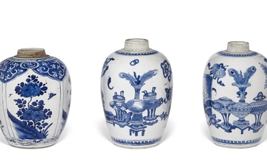 THREE BLUE AND WHITE OVOID JARS, KANGXI PERIOD (1662-1722)