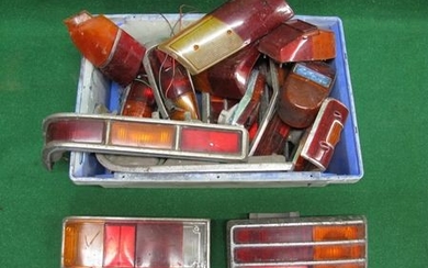 Two crates of assorted back lights for Rover P6, Cortina MkII Estate, Vauxhall, Viva HC, Zephyr etc