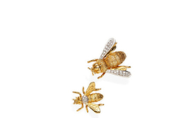 Two gold and diamond bee brooches