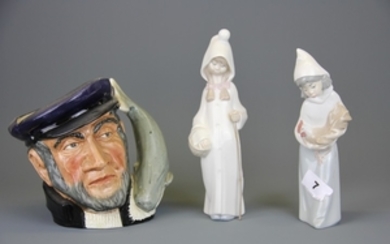 Two Lladro figurines and a Royal Doulton large character jug of Captain Ahab.