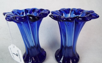 Two lovely blue Victorian art glass splash vases. Each 4.5 inches tall. Rough pontil to base.