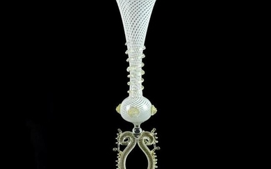 Venetian White Filigrana Swirl Gold Flecks Glass Vase