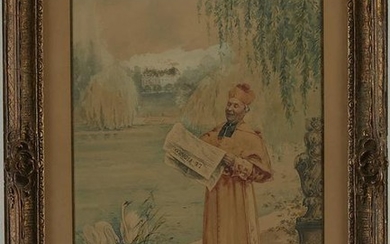 Vibert Cardinal Reading Newspaper Watercolor