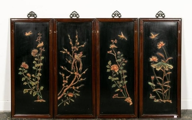 4 Wooden Chinese Panels of 4 Seasons, Hardstone