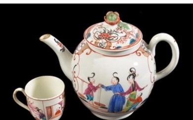 A Worcester polychrome Chinoiserie globular teapot and cover painted with Chinese figures