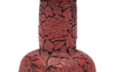 A RARE AND FINELY CARVED RED LACQUER MALLET-FORM VASE, CHINA, MING DYNASTY, 15TH-16TH CENTURY