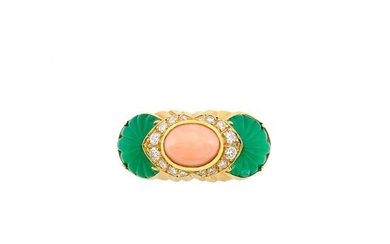 Gold, Angel Skin Coral, Carved Green Onyx and Diamond Ring, Cartier, France