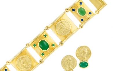 Gold, Cabochon Tourmaline, Gem-Set and Medallion Bracelet and Pair of Earrings