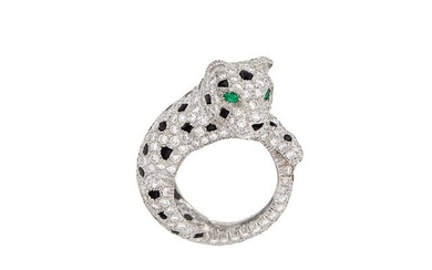 Platinum, Diamond, Black Onyx and Emerald Leopard Ring, France