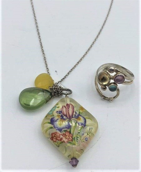 .925 Chain w/ Art Glass Pendant .925 Ring Color Stones